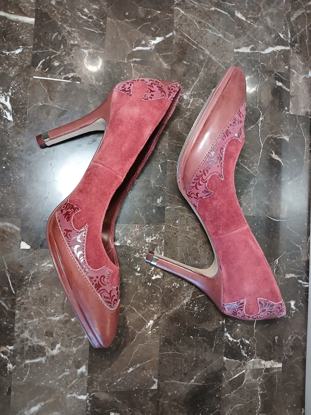 Reba Burgundy Suede & Leather Pointed Toe Pumps